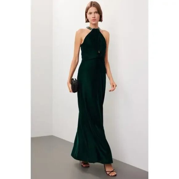 Lauren Ralph Lauren Size 2 Adelbola Green Velvet Beaded Halter Gown Maxi Dress - Picture 5 of 7